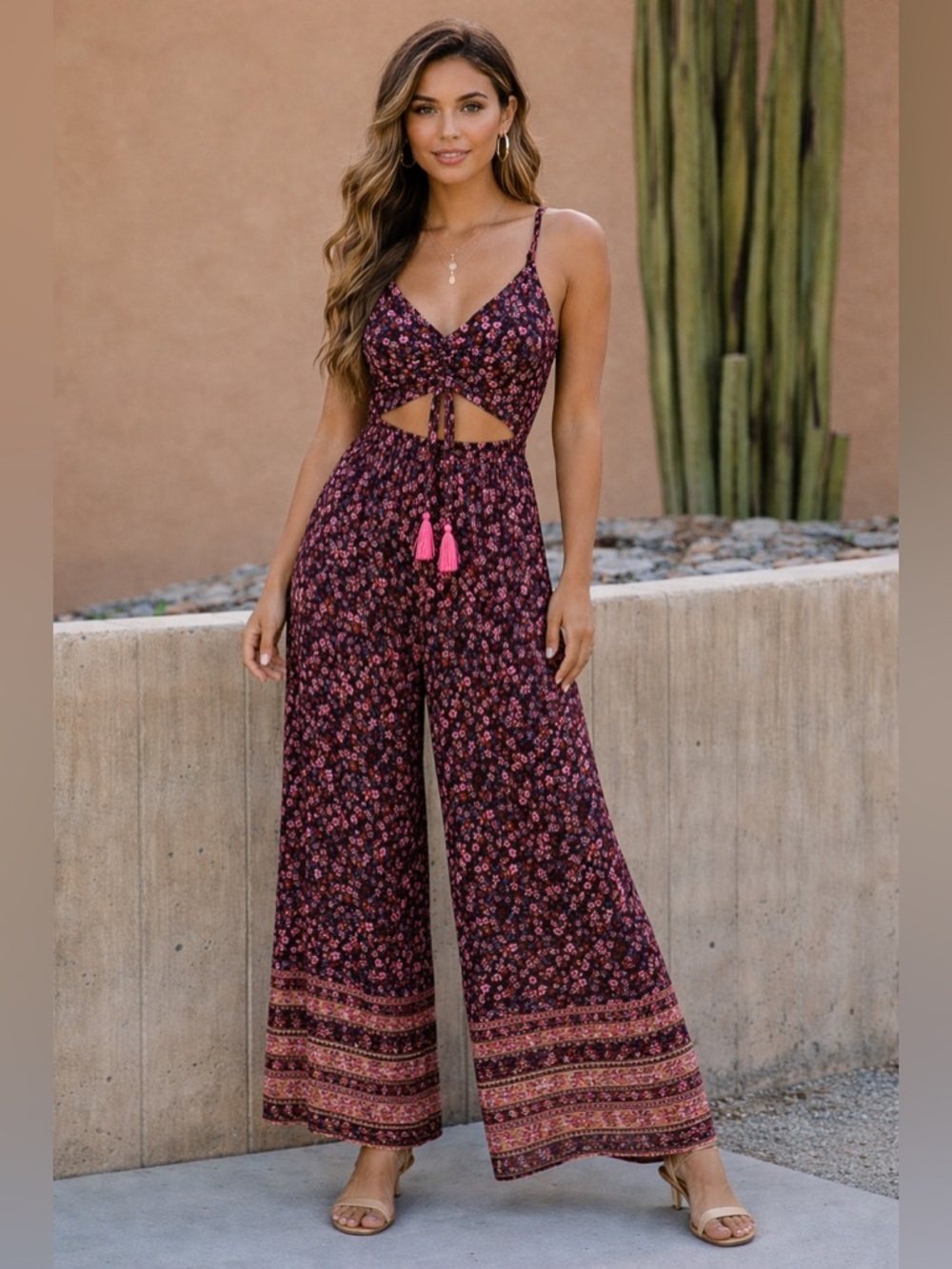 Vici Jumpsuit Floral Print V Neck Cutout Tassel Sleeveless Wide Leg